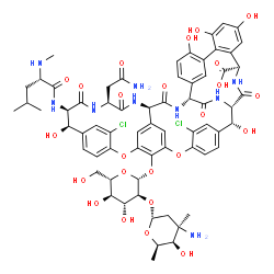 ChemSpider 2D Image | (1S,2R,18R,19R,22S,25R,28R,40R)-22-(2-Amino-2-oxoethyl)-48-{[2-O-(3-amino-2,3,6-trideoxy-3-methyl-alpha-D-lyxo-hexopyranosyl)-beta-L-glucopyranosyl]oxy}-5,15-dichloro-2,18,32,35,37-pentahydroxy-19-[(N
-methyl-L-leucyl)amino]-20,23,26,42,44-pentaoxo-7,13-dioxa-21,24,27,41,43-pentaazaoctacyclo[26.14.2.2~3,6~.2~14,17~.1~8,12~.1~29,33~.0~10,25~.0~34,39~]pentaconta-3,5,8(48),9,11,14,16,29(45),30,32,34,3
6,38,46,49-pentadecaene-40-carboxylic acid | C66H75Cl2N9O24
