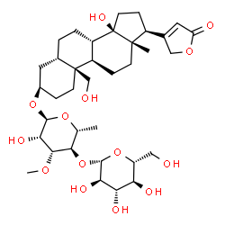 ChemSpider 2D Image | (3alpha,5alpha,8alpha,9beta,10alpha,13alpha,14alpha,17alpha)-3-{[6-Deoxy-4-O-(beta-D-glucopyranosyl)-3-O-methyl-alpha-D-mannopyranosyl]oxy}-14,19-dihydroxycard-20(22)-enolide | C36H56O14