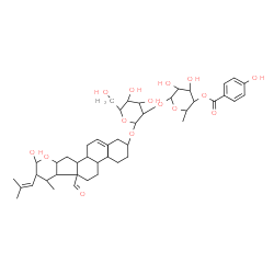 ChemSpider 2D Image | (2S,4aR,4bS,6aR,6bR,7S,8R,9R,10aS,11aS,11bR)-6a-Formyl-9-hydroxy-4a,7-dimethyl-8-(2-methyl-1-propen-1-yl)-1,2,3,4,4a,4b,5,6,6a,6b,7,8,9,10a,11,11a,11b,12-octadecahydronaphtho[2',1':4,5]indeno[2,1-b]py
ran-2-yl 2-O-[6-deoxy-4-O-(4-hydroxybenzoyl)-alpha-L-mannopyranosyl]-beta-D-glucopyranoside | C46H64O15