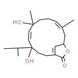 ChemSpider 2D Image | (4S,5E,7R,10E,13S)-4,7-Dihydroxy-4-isopropyl-7,11-dimethyl-14-oxabicyclo[11.2.1]hexadeca-1(16),5,10-trien-15-one | C20H30O4