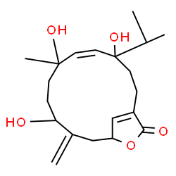 ChemSpider 2D Image | (4S,5E,7S,10S,13S)-4,7,10-Trihydroxy-4-isopropyl-7-methyl-11-methylene-14-oxabicyclo[11.2.1]hexadeca-1(16),5-dien-15-one | C20H30O5