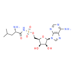 ChemSpider 2D Image | [(2R,3R,4S,5R)-5-(6-Amino-9H-purin-9-yl)-3,4-dihydroxytetrahydro-2-furanyl]methyl [(2S)-2-amino-4-methylpentanoyl]sulfamate (non-preferred name) | C16H25N7O7S