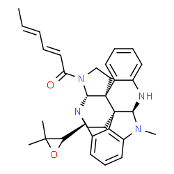 ChemSpider 2D Image | (2E,4E)-1-{(2R,6S,14S,22S)-25-[(2S)-3,3-Dimethyl-2-oxiranyl]-15-methyl-1,3,13,15-tetraazaheptacyclo[18.4.1.0~2,6~.0~6,22~.0~7,12~.0~14,22~.0~16,21~]pentacosa-7,9,11,16,18,20-hexaen-3-yl}-2,4-hexadien-
1-one | C32H36N4O2
