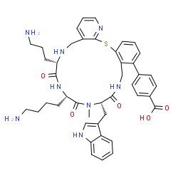 ChemSpider 2D Image | 4-[(7S,10S,13S)-10-(4-Aminobutyl)-7-(3-aminopropyl)-13-(1H-indol-3-ylmethyl)-12-methyl-8,11,14-trioxo-5,6,7,8,9,10,11,12,13,14,15,16-dodecahydropyrido[2,3-b][1,5,8,11,14]benzothiatetraazacycloheptadec
in-17-yl]benzoic acid | C43H50N8O5S