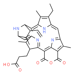 ChemSpider 2D Image | 3-[(10Z,14E)-12-Ethyl-13,18,22,27-tetramethyl-3,5-dioxo-17-vinyl-4-oxa-8,24,25,26-tetraazahexacyclo[19.2.1.1~6,9~.1~11,14~.1~16,19~.0~2,7~]heptacosa-1(24),2(7),6(27),8,10,12,14,16,18,20-decaen-23-yl]p
ropanoic acid | C33H32N4O5