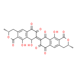 ChemSpider 2D Image | (3R,8E)-8-[(3R)-9,10-Dihydroxy-3-methyl-1,6,7-trioxo-4,6,7,9-tetrahydro-1H-benzo[g]isochromen-8(3H)-ylidene]-10-hydroxy-3-methyl-3,4-dihydro-1H-benzo[g]isochromene-1,6,7,9(8H)-tetrone | C28H18O12