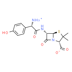 ChemSpider 2D Image | (2S,5R,6S)-6-{[(2S)-2-Ammonio-2-(4-hydroxyphenyl)acetyl]amino}-3,3-dimethyl-7-oxo-4-thia-1-azabicyclo[3.2.0]heptane-2-carboxylate | C16H19N3O5S