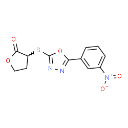 ChemSpider 2D Image | 3-{[5-(3-Nitrophenyl)-1,3,4-oxadiazol-2-yl]sulfanyl}dihydro-2(3H)-furanone | C12H9N3O5S