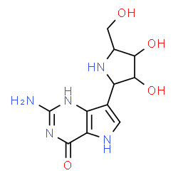 ChemSpider 2D Image | 2-Amino-7-[3,4-dihydroxy-5-(hydroxymethyl)-2-pyrrolidinyl]-1,5-dihydro-4H-pyrrolo[3,2-d]pyrimidin-4-one | C11H15N5O4