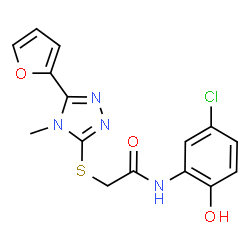 ChemSpider 2D Image | N-(5-Chloro-2-hydroxyphenyl)-2-{[5-(2-furyl)-4-methyl-4H-1,2,4-triazol-3-yl]sulfanyl}acetamide | C15H13ClN4O3S