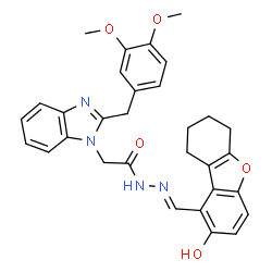 ChemSpider 2D Image | 2-[2-(3,4-Dimethoxybenzyl)-1H-benzimidazol-1-yl]-N'-[(E)-(2-hydroxy-6,7,8,9-tetrahydrodibenzo[b,d]furan-1-yl)methylene]acetohydrazide | C31H30N4O5