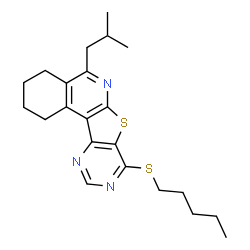ChemSpider 2D Image | 5-Isobutyl-8-(pentylsulfanyl)-1,2,3,4-tetrahydropyrimido[4',5':4,5]thieno[2,3-c]isoquinoline | C22H29N3S2