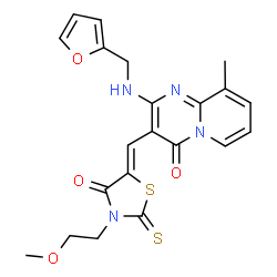ChemSpider 2D Image | 2-[(2-Furylmethyl)amino]-3-{(Z)-[3-(2-methoxyethyl)-4-oxo-2-thioxo-1,3-thiazolidin-5-ylidene]methyl}-9-methyl-4H-pyrido[1,2-a]pyrimidin-4-one | C21H20N4O4S2