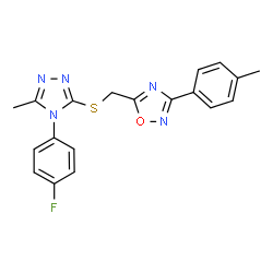 ChemSpider 2D Image | 5-({[4-(4-Fluorophenyl)-5-methyl-4H-1,2,4-triazol-3-yl]sulfanyl}methyl)-3-(4-methylphenyl)-1,2,4-oxadiazole | C19H16FN5OS