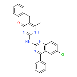 ChemSpider 2D Image | 5-Benzyl-2-[(6-chloro-4-phenyl-2-quinazolinyl)amino]-6-methyl-4(1H)-pyrimidinone | C26H20ClN5O