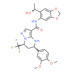 ChemSpider 2D Image | 5-(3,4-Dimethoxyphenyl)-N-[6-(1-hydroxyethyl)-1,3-benzodioxol-5-yl]-7-(trifluoromethyl)-4,5,6,7-tetrahydropyrazolo[1,5-a]pyrimidine-3-carboxamide | C25H25F3N4O6