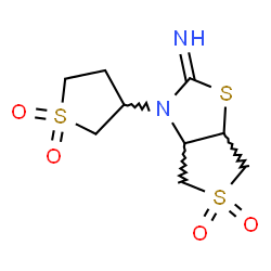 ChemSpider 2D Image | 3-(1,1-Dioxidotetrahydro-3-thiophenyl)tetrahydrothieno[3,4-d][1,3]thiazol-2(3H)-imine 5,5-dioxide | C9H14N2O4S3
