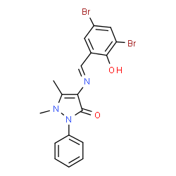 ChemSpider 2D Image | 4-[(E)-(3,5-Dibromo-2-hydroxybenzylidene)amino]-1,5-dimethyl-2-phenyl-1,2-dihydro-3H-pyrazol-3-one | C18H15Br2N3O2