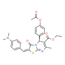ChemSpider 2D Image | ethyl 5-[4-(acetyloxy)phenyl]-2-[4-(dimethylamino)benzylidene]-7-methyl-3-oxo-2,3-dihydro-5H-[1,3]thiazolo[3,2-a]pyrimidine-6-carboxylate | C27H27N3O5S