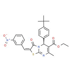 ChemSpider 2D Image | ethyl (2E)-5-(4-tert-butylphenyl)-7-methyl-2-(3-nitrobenzylidene)-3-oxo-2,3-dihydro-5H-[1,3]thiazolo[3,2-a]pyrimidine-6-carboxylate | C27H27N3O5S