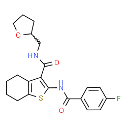 ChemSpider 2D Image | 2-[(4-Fluorobenzoyl)amino]-N-(tetrahydro-2-furanylmethyl)-4,5,6,7-tetrahydro-1-benzothiophene-3-carboxamide | C21H23FN2O3S