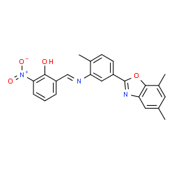 ChemSpider 2D Image | 2-[(E)-{[5-(5,7-Dimethyl-1,3-benzoxazol-2-yl)-2-methylphenyl]imino}methyl]-6-nitrophenol | C23H19N3O4