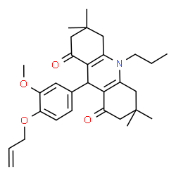 ChemSpider 2D Image | 9-[4-(Allyloxy)-3-methoxyphenyl]-3,3,6,6-tetramethyl-10-propyl-3,4,6,7,9,10-hexahydro-1,8(2H,5H)-acridinedione | C30H39NO4