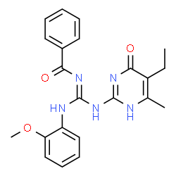 ChemSpider 2D Image | N-{[(5-Ethyl-4-methyl-6-oxo-1,6-dihydropyrimidin-2-yl)amino][(2-methoxyphenyl)amino]methylene}benzamide | C22H23N5O3