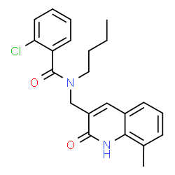 ChemSpider 2D Image | N-Butyl-2-chloro-N-[(8-methyl-2-oxo-1,2-dihydro-3-quinolinyl)methyl]benzamide | C22H23ClN2O2