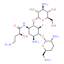 ChemSpider 2D Image | (2S)-4-Amino-N-{(1R,2S,3S,4R,5S)-5-amino-2-[(3-amino-3-deoxy-alpha-D-glucopyranosyl)oxy]-4-[(2,6-diamino-2,3,4,6-tetradeoxy-alpha-D-erythro-hexopyranosyl)oxy]-3-fluorocyclohexyl}-2-hydroxybutanamide | C22H43FN6O9