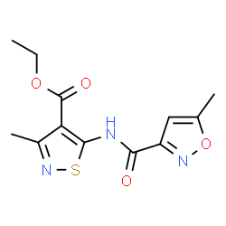 ChemSpider 2D Image | Ethyl 3-methyl-5-{[(5-methyl-1,2-oxazol-3-yl)carbonyl]amino}-1,2-thiazole-4-carboxylate | C12H13N3O4S