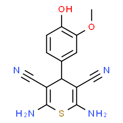ChemSpider 2D Image | 2,6-Diamino-4-(4-hydroxy-3-methoxyphenyl)-4H-thiopyran-3,5-dicarbonitrile | C14H12N4O2S