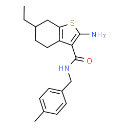 ChemSpider 2D Image | 2-Amino-6-ethyl-N-(4-methylbenzyl)-4,5,6,7-tetrahydro-1-benzothiophene-3-carboxamide | C19H24N2OS