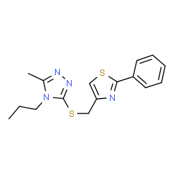 ChemSpider 2D Image | 3-Methyl-5-{[(2-phenyl-1,3-thiazol-4-yl)methyl]sulfanyl}-4-propyl-4H-1,2,4-triazole | C16H18N4S2