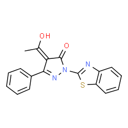 ChemSpider 2D Image | 2-Benzothiazol-2-yl-4-(1-hydroxy-ethylidene)-5-phenyl-2,4-dihydro-pyrazol-3-one | C18H13N3O2S