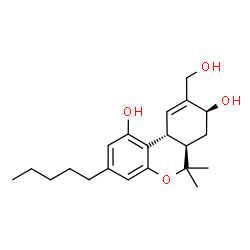 ChemSpider 2D Image | (6aR,8S,10aR)-9-(Hydroxymethyl)-6,6-dimethyl-3-pentyl-6a,7,8,10a-tetrahydro-6H-benzo[c]chromene-1,8-diol | C21H30O4