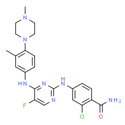 ChemSpider 2D Image | 2-Chloro-4-[(5-fluoro-4-{[3-methyl-4-(4-methyl-1-piperazinyl)phenyl]amino}-2-pyrimidinyl)amino]benzamide | C23H25ClFN7O