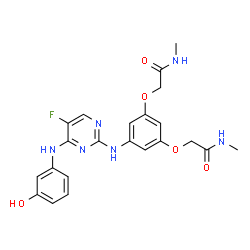ChemSpider 2D Image | 2,2'-{[5-({5-Fluoro-4-[(3-hydroxyphenyl)amino]-2-pyrimidinyl}amino)-1,3-phenylene]bis(oxy)}bis(N-methylacetamide) | C22H23FN6O5