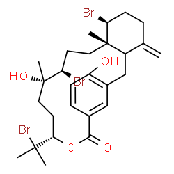 ChemSpider 2D Image | (7S,8S,11R,12S,15S)-7,11-Dibromo-15-(2-bromo-2-propanyl)-12,21-dihydroxy-8,12-dimethyl-4-methylene-16-oxatricyclo[16.3.1.0~3,8~]docosa-1(22),18,20-trien-17-one | C27H37Br3O4