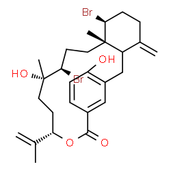 ChemSpider 2D Image | (7S,8S,11R,12S,15S)-7,11-Dibromo-12,21-dihydroxy-15-isopropenyl-8,12-dimethyl-4-methylene-16-oxatricyclo[16.3.1.0~3,8~]docosa-1(22),18,20-trien-17-one | C27H36Br2O4