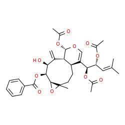 ChemSpider 2D Image | (3aS,7S,7aR,9S,10S,10aS)-7-Acetoxy-4-[(1S,2R)-1,2-diacetoxy-4-methyl-3-penten-1-yl]-9-hydroxy-1a-methyl-8-methylene-1a,2,3,3a,7,7a,8,9,10,10a-decahydrooxireno[5,6]cyclonona[1,2-c]pyran-10-yl benzoate | C33H40O11
