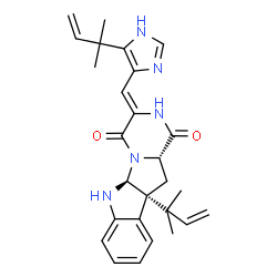 ChemSpider 2D Image | (3Z,5aS,10bR,11aS)-10b-(2-Methyl-3-buten-2-yl)-3-{[5-(2-methyl-3-buten-2-yl)-1H-imidazol-4-yl]methylene}-6,10b,11,11a-tetrahydro-2H-pyrazino[1',2':1,5]pyrrolo[2,3-b]indole-1,4(3H,5aH)-dione | C27H31N5O2