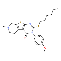 ChemSpider 2D Image | 2-(Hexylsulfanyl)-3-(4-methoxyphenyl)-7-methyl-5,6,7,8-tetrahydropyrido[4',3':4,5]thieno[2,3-d]pyrimidin-4(3H)-one | C23H29N3O2S2