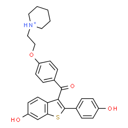 ChemSpider 2D Image | 1-[2-(4-{[6-Hydroxy-2-(4-hydroxyphenyl)-1-benzothiophen-3-yl]carbonyl}phenoxy)ethyl]piperidinium | C28H28NO4S