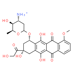 ChemSpider 2D Image | (1S,3S)-3-Glycoloyl-3,5,12-trihydroxy-10-methoxy-6,11-dioxo-1,2,3,4,6,11-hexahydro-1-tetracenyl 3-ammonio-2,3,6-trideoxy-L-xylo-hexopyranoside | C27H30NO11