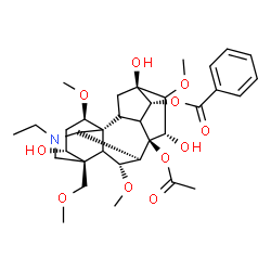 ChemSpider 2D Image | (1beta,3alpha,5xi,6alpha,9xi,10alpha,14alpha,15alpha)-8-Acetoxy-20-ethyl-3,13,15-trihydroxy-1,6,16-trimethoxy-4-(methoxymethyl)aconitan-14-yl benzoate | C34H47NO11