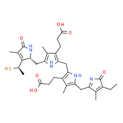 ChemSpider 2D Image | 3-[2-[[3-(2-carboxyethyl)-5-[(4-ethyl-3-methyl-5-oxo-pyrrol-2-yl)methyl]-4-methyl-1H-pyrrol-2-yl]methyl]-4-methyl-5-[[(2R)-4-methyl-5-oxo-3-[(1R)-1-sulfanylethyl]-1,2-dihydropyrrol-2-yl]methyl]-1H-pyrrol-3-yl]propanoic acid | C33H42N4O6S