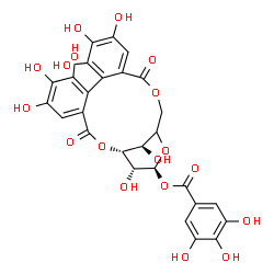 ChemSpider 2D Image | (1R,21S,22R,23R)-6,7,8,11,12,13,22,23-Octahydroxy-3,16-dioxo-2,17,20-trioxatetracyclo[17.3.1.0~4,9~.0~10,15~]tricosa-4,6,8,10,12,14-hexaen-21-yl 3,4,5-trihydroxybenzoate | C27H22O18