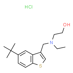 ChemSpider 2D Image | 2-(Ethyl{[5-(2-methyl-2-propanyl)-1-benzothiophen-3-yl]methyl}amino)ethanol hydrochloride (1:1) | C17H26ClNOS