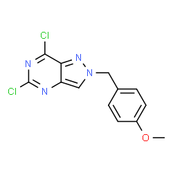 ChemSpider 2D Image | 5,7-Dichloro-2-(4-methoxybenzyl)-2H-pyrazolo[4,3-d]pyrimidine | C13H10Cl2N4O